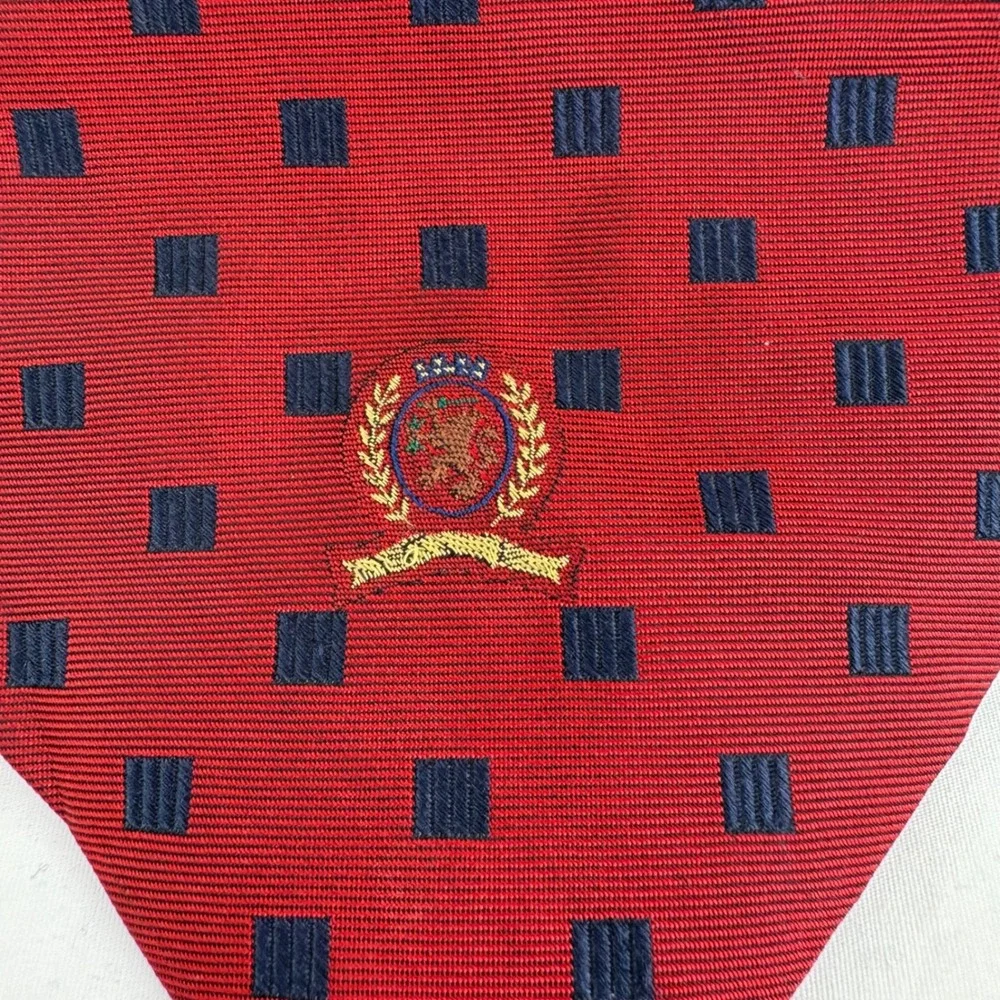 Vintage Tommy Hilfiger Mens 100%‎ Silk Red Navy Dot Shield Necktie Made USA